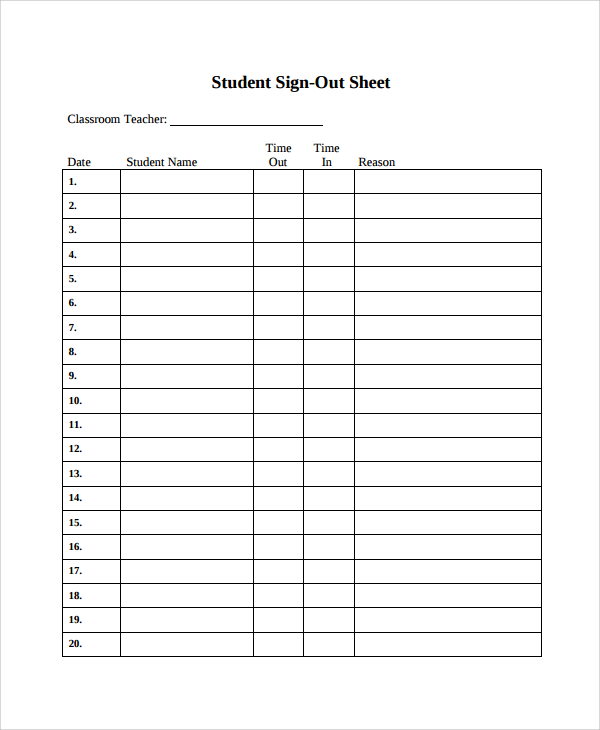 Printable Sign Out Sheet Template