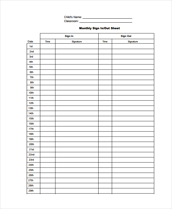 classroom monthly sign out sheet