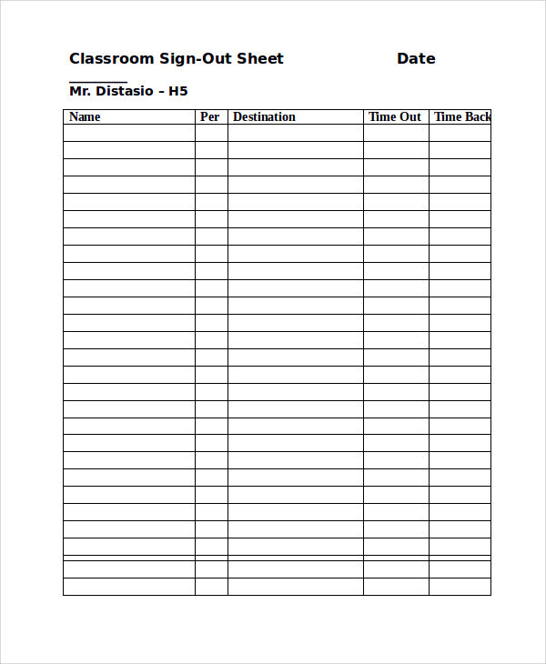 formal classroom sign out sheet