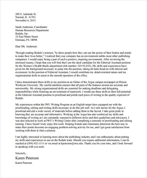 Editorial assistant cover letter template