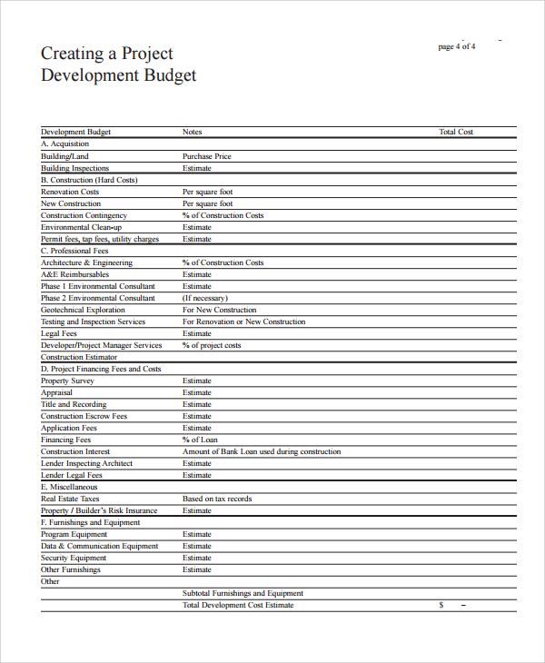 project development budget template