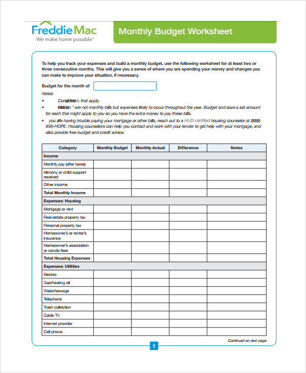 monthly budget worksheet template