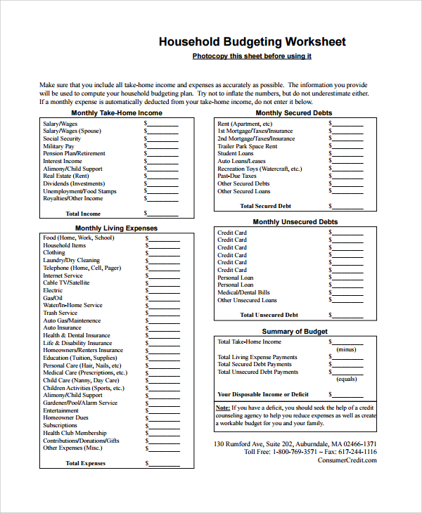 household budgeting worksheet template