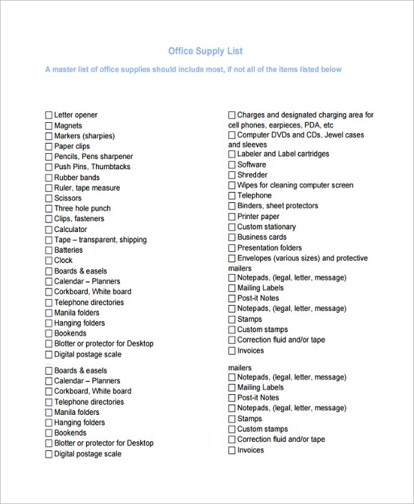 office supply list template