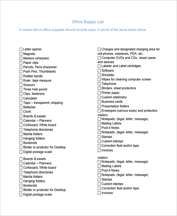 Free Downloadable Office Supply Checklist Form