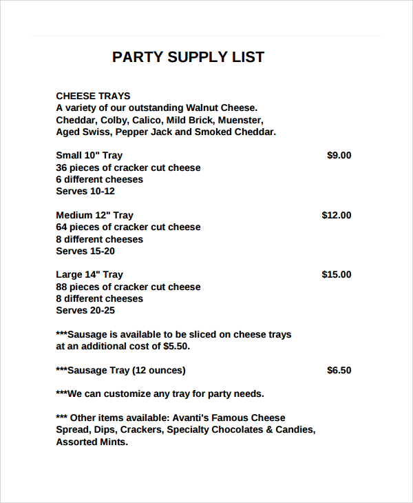 Party Supply List Template