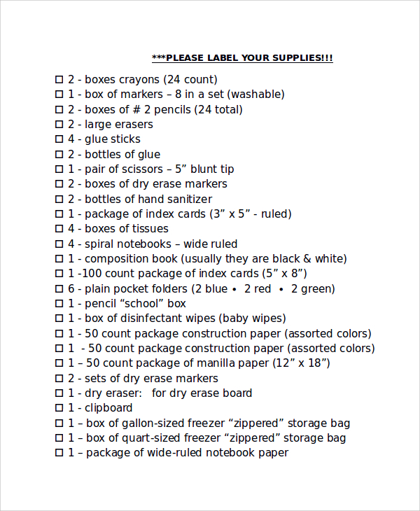 first grade supply list template