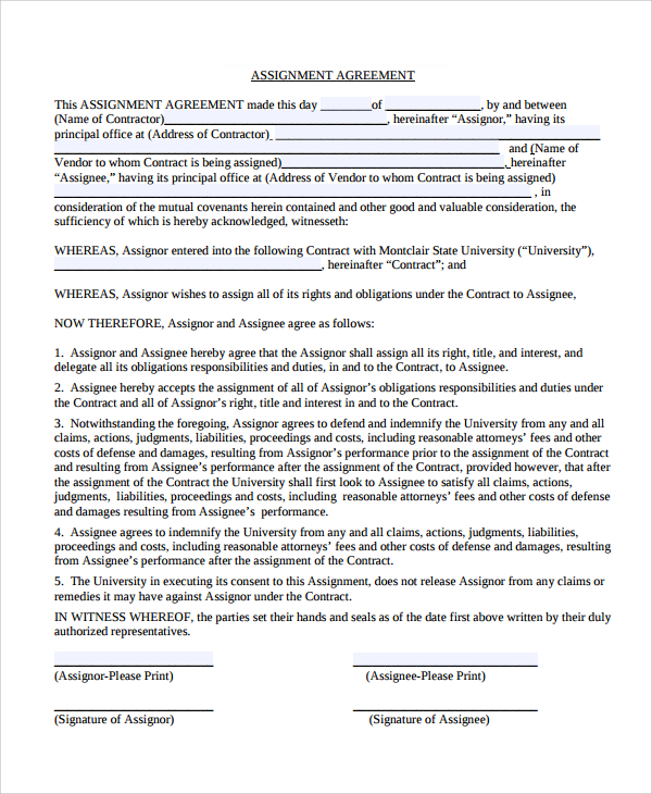 assignment agreement template word