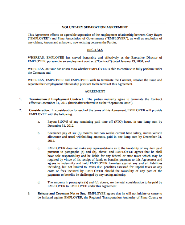 voluntary employment separation agreement