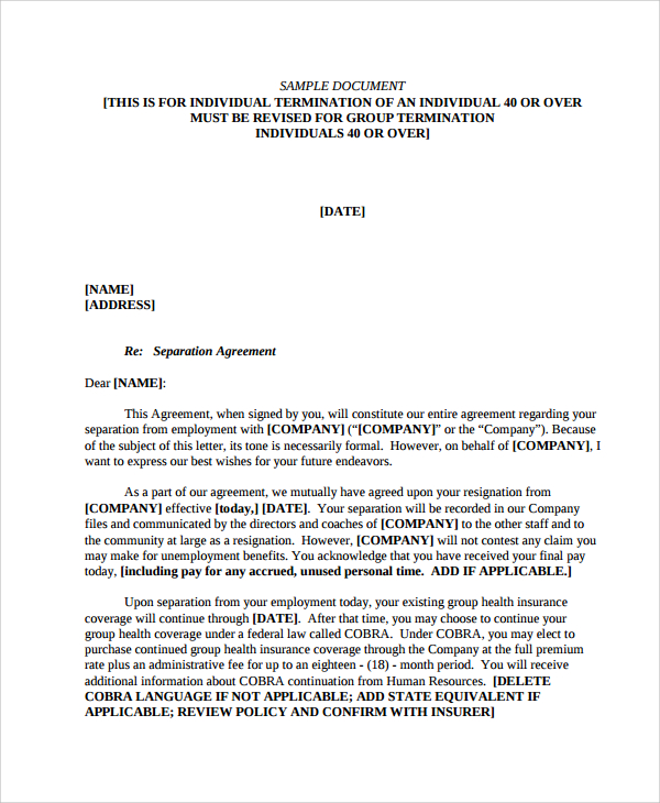 Printable Employee Separation Agreement Template Printable Templates