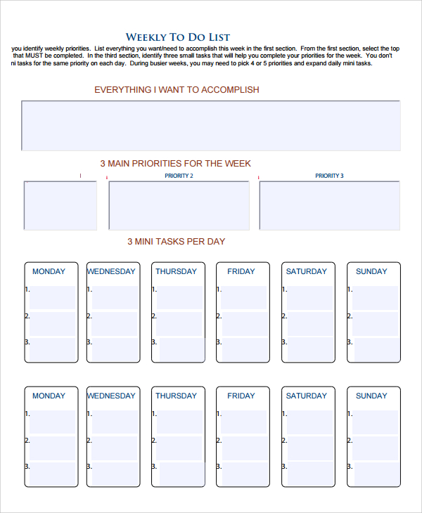 FREE 8+ Sample Weekly To Do List Templates in PDF