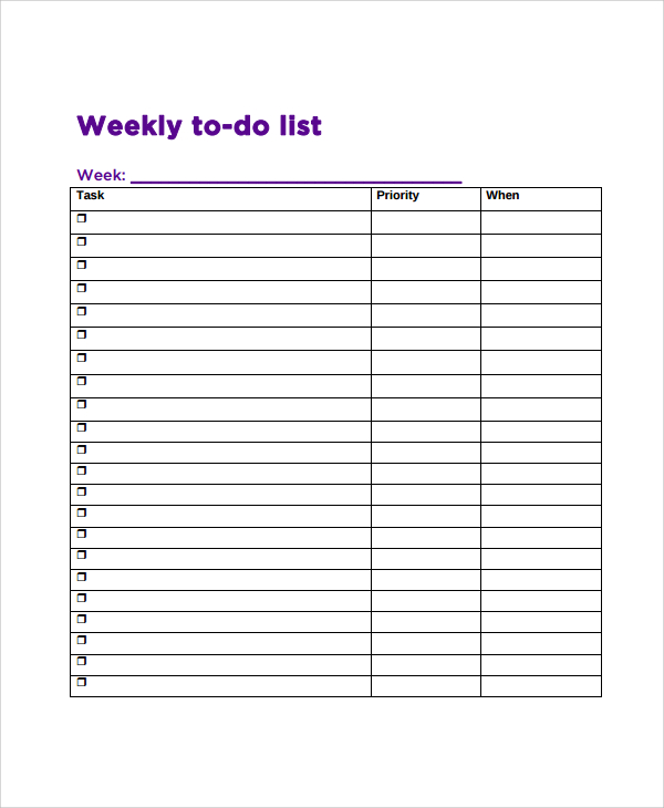 Weekly Work To Do List Template Collection