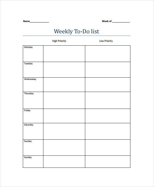 weekly calendar to do list template