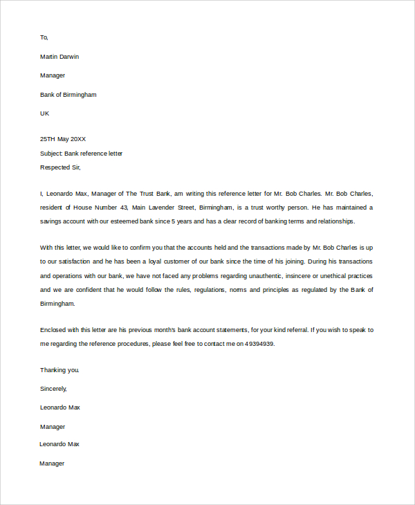 Bank Reference Letter Request Template