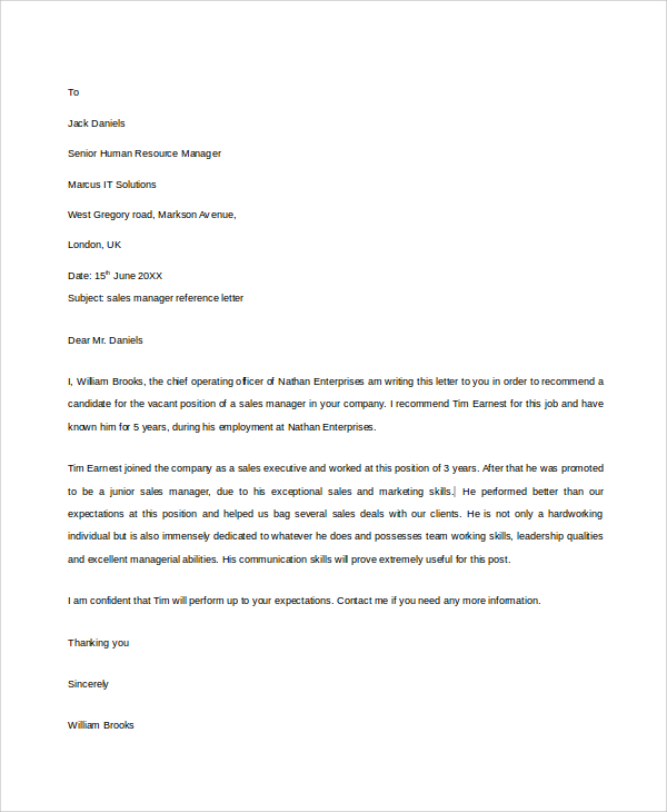 sales reference letter