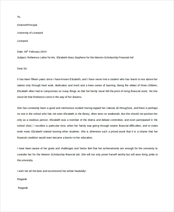 financial reference letter