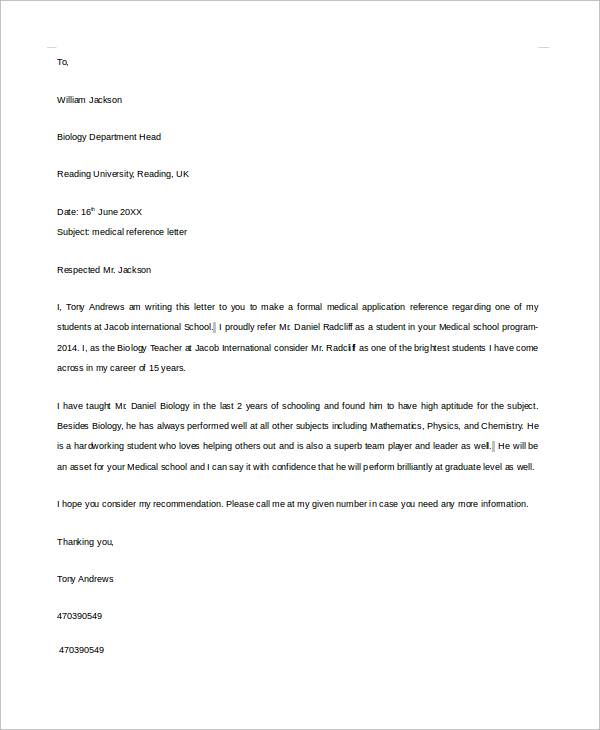 medical reference letter