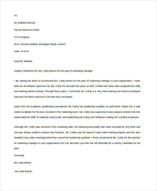 manager reference letter