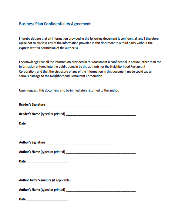 confidentiality agreement sample for business plan