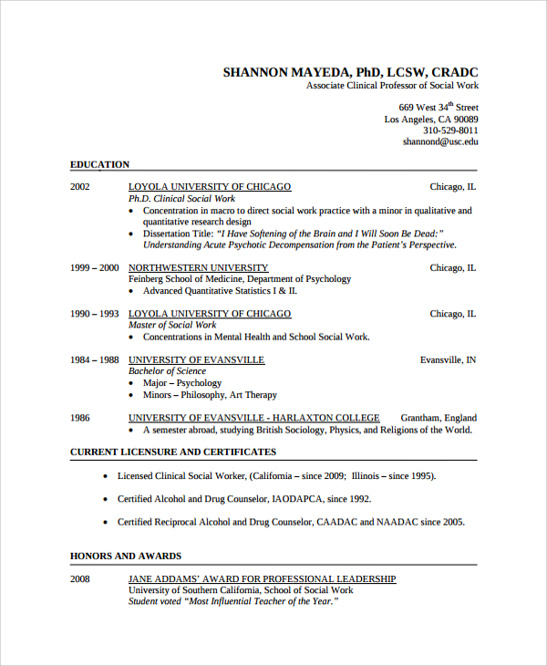 Sample Social Worker Resume Template 9 Free Documents