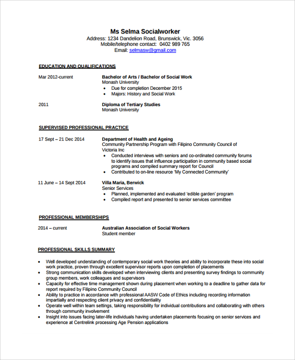 social work resume template word