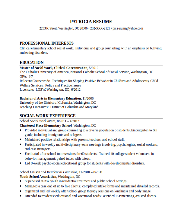 Sample Social Worker Resume Template 9 Free Documents