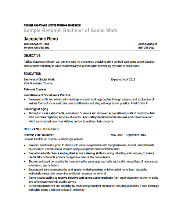 resume objective for social services