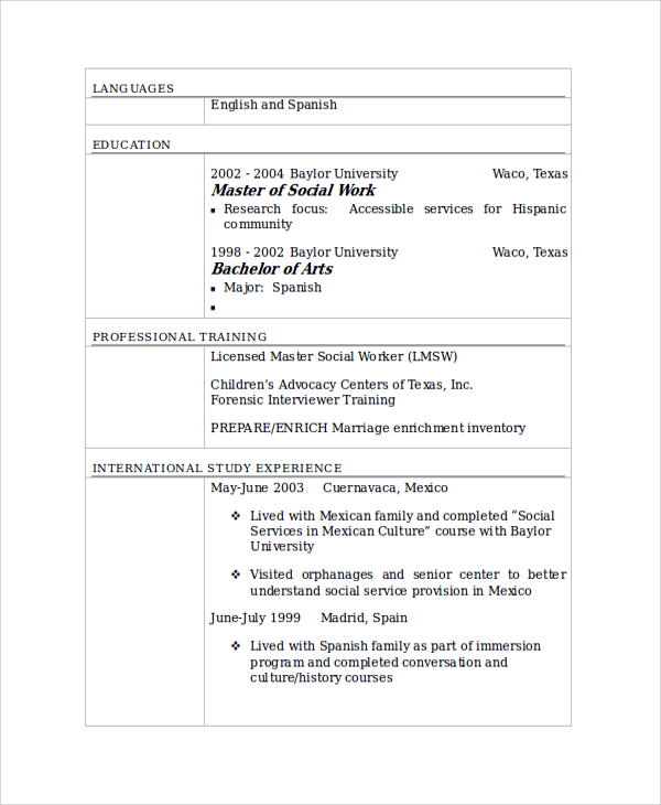 sample social worker resume template
