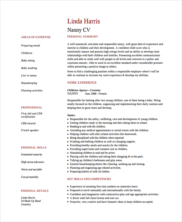 sample nanny resume template