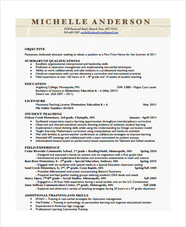 FREE 6+ Sample Nanny Resume Templates in PDF MS Word