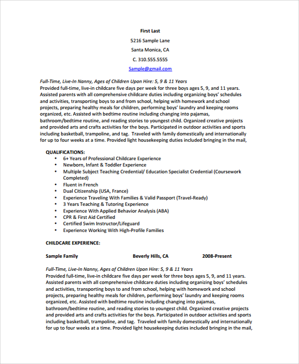 FREE 6+ Sample Nanny Resume Templates in PDF MS Word