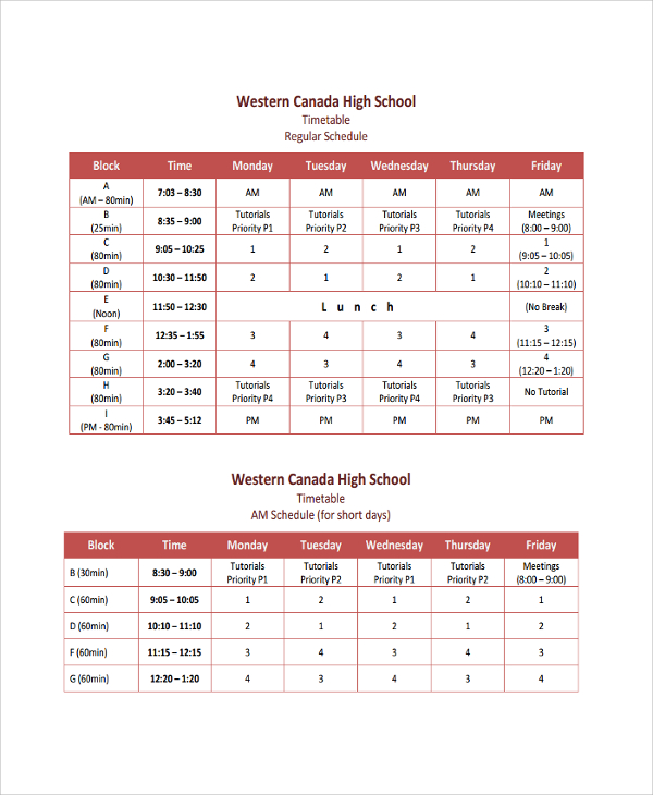 school daily timetable template