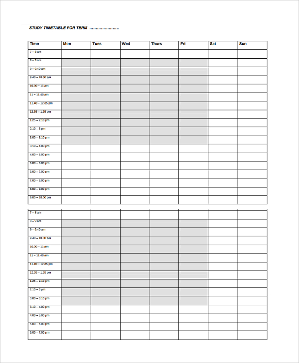 format of daily timetable template
