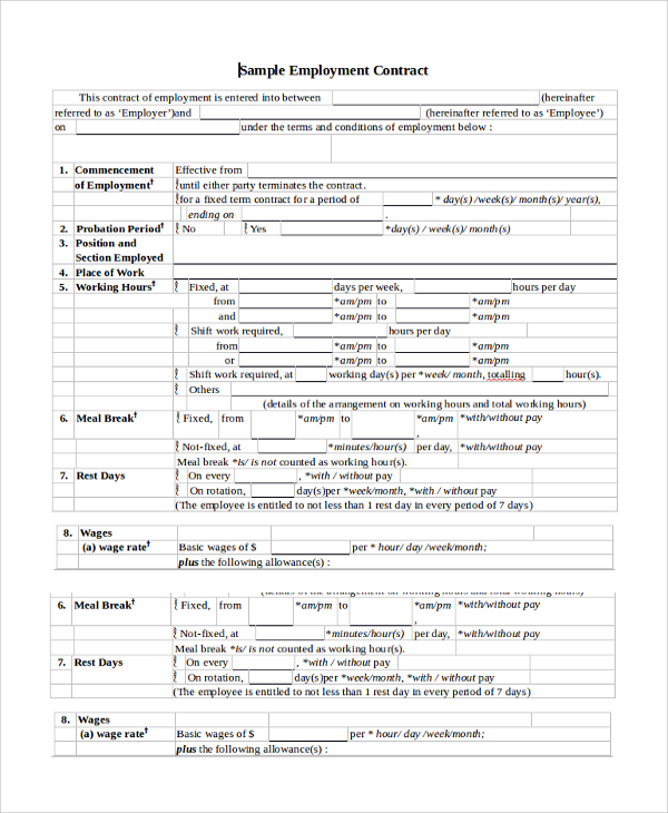 free 6 sample employment contract forms in pdf ms word
