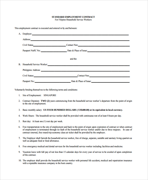 contract form employee Form Sample 6 Free    Documents Contract Employment