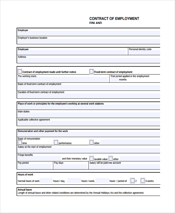 contract form employee Documents  Employment Sample 6 Contract  Free Form