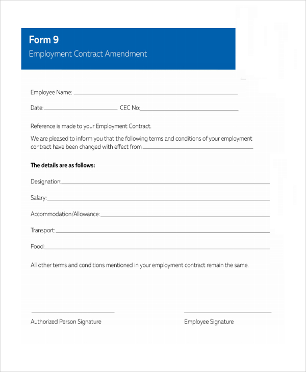 amendment employment contract form