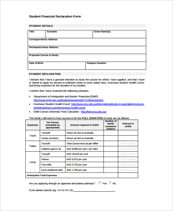 student financial declaration form