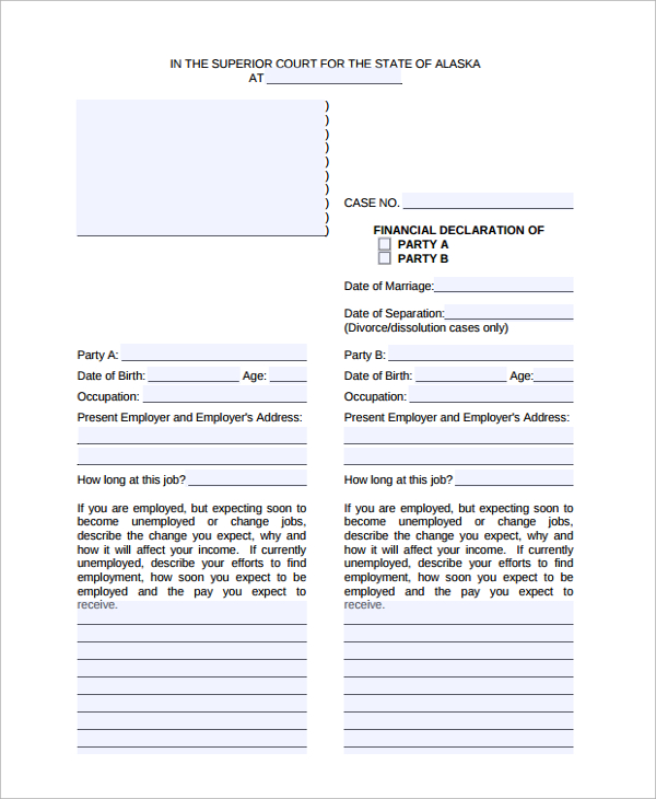 financial declaration divorce form