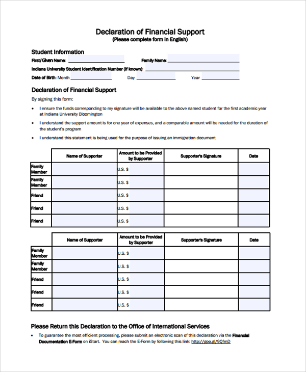 financial support declaration form