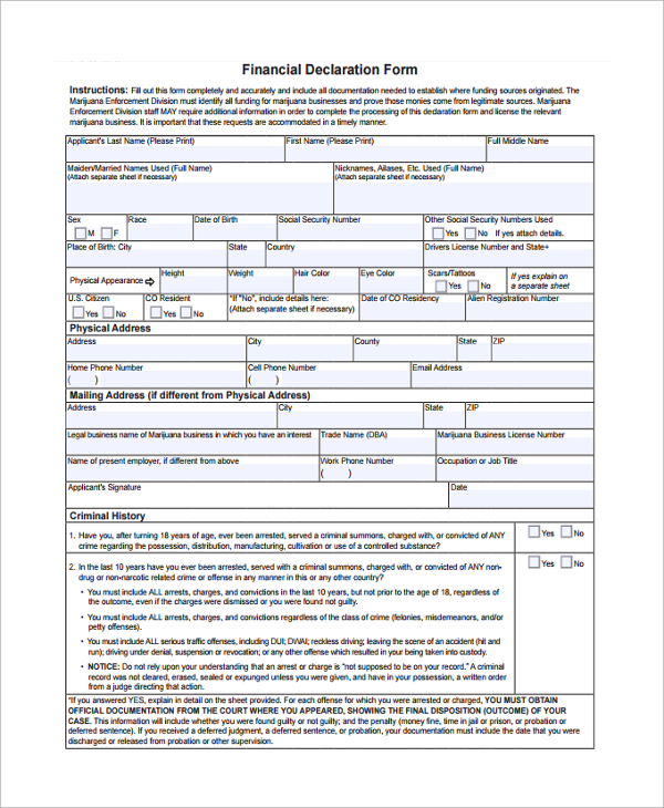 formal financial declaration form