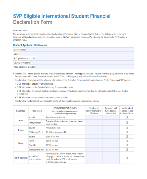 eligible student financial declaration form