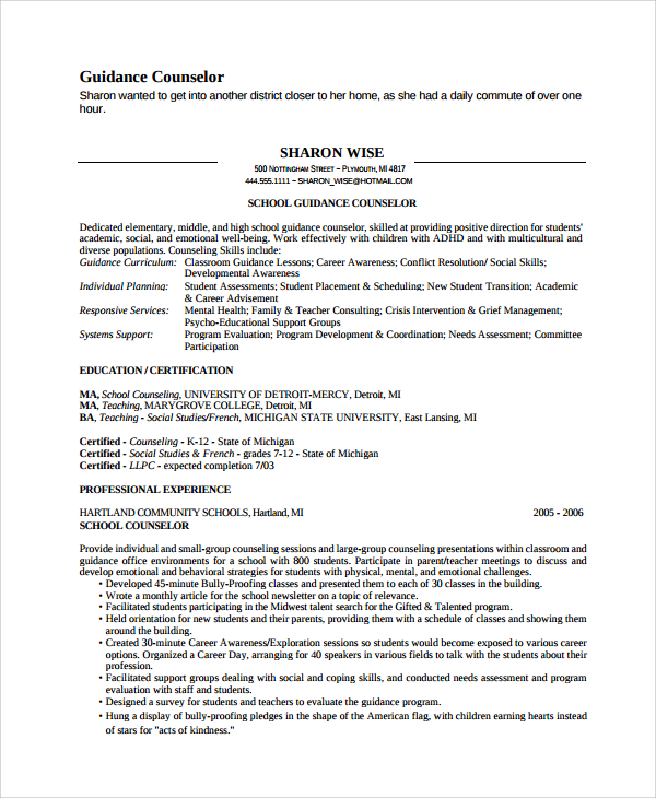 FREE 8  Sample Guidance Counselor Resume Templates in MS Word PDF