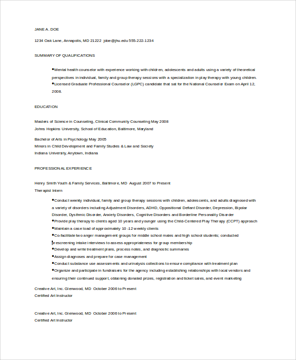 Sample resume for a school counselor