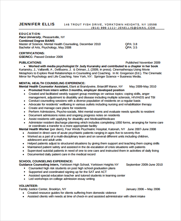 free template for professional counselor resume