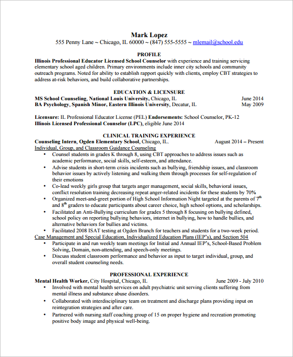 guidance counselor resume example
