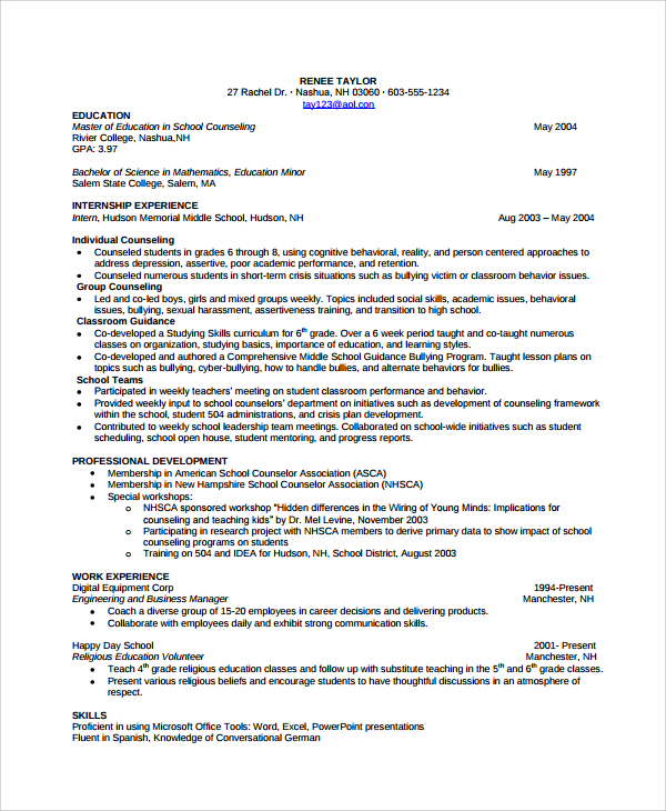 free template for professional counselor resume