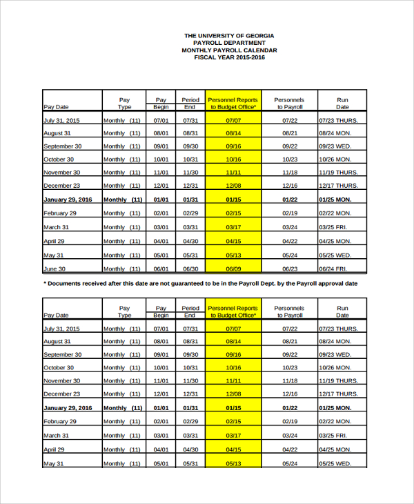 Financial Services Center Payroll Calendar 2025 Printable Checkbox