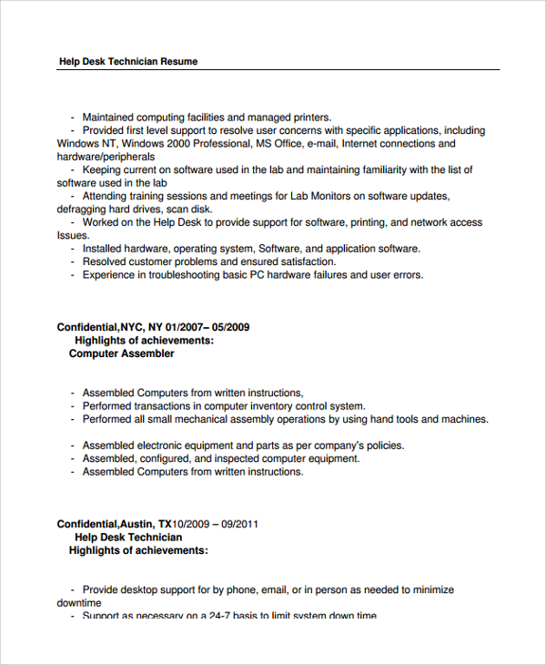 Free 8 Help Desk Technician Resume Templates In Pdf Ms Word