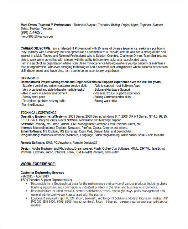 experienced help desk technician resume